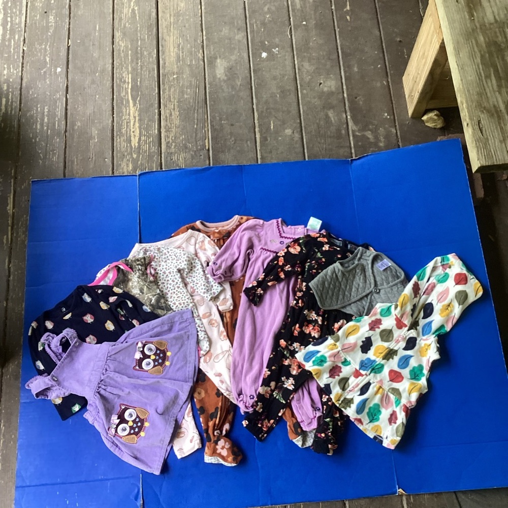 Bundle of 10 12 month girls clothes, pajamas, onesies, and outerwear, size 12 m